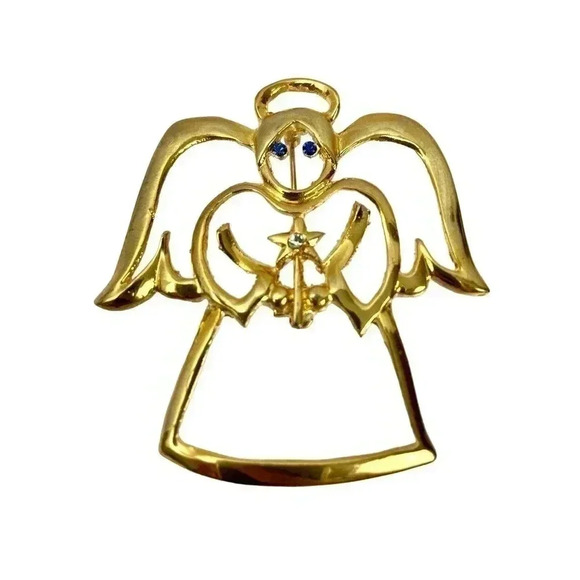 Angel Gold Tone Pin Brooch Christmas Holiday Blue Rhinestone Eyes - Picture 1 of 8